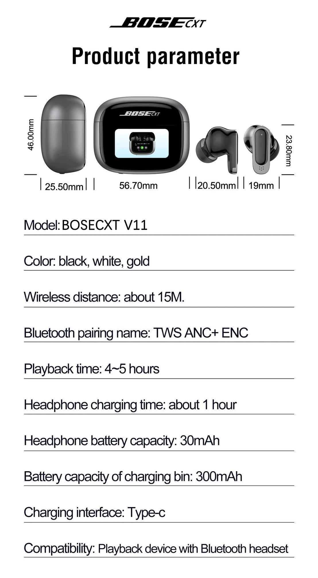 BOSECXT V11 Auriculares Inteligentes TWS Bluetooth In-Ear con Cancelación de Ruido ANC, Larga Distancia, Micrófono y Pantalla Táctil