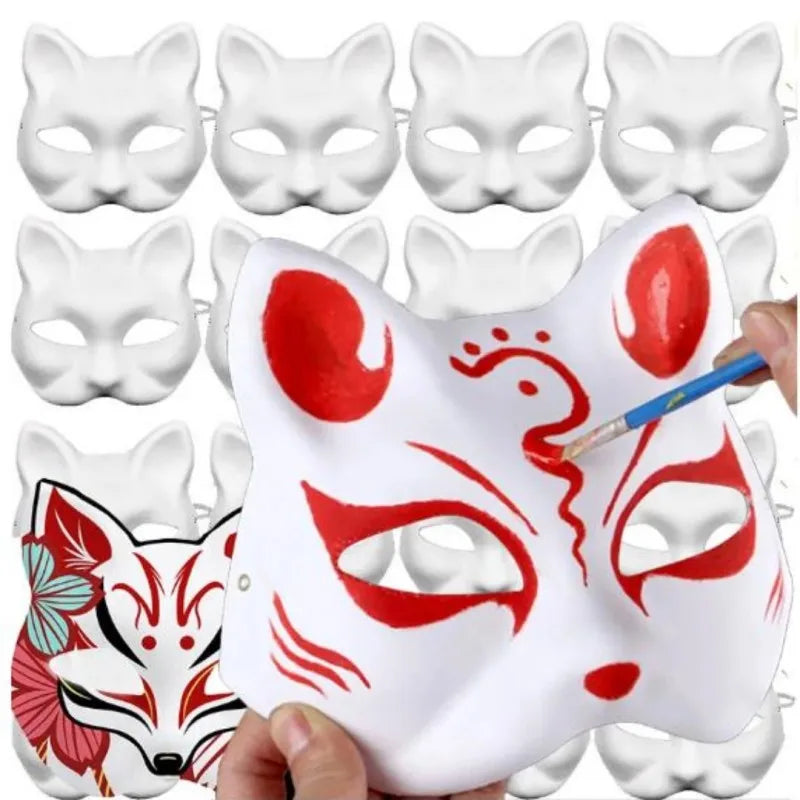 Máscara Japonesa DIY de Gato Blanco, Máscara de Plasma Pintable para Halloween, Media Máscara Blanca para Rol, Anime y Fiestas de Disfraces, Halloween 2025