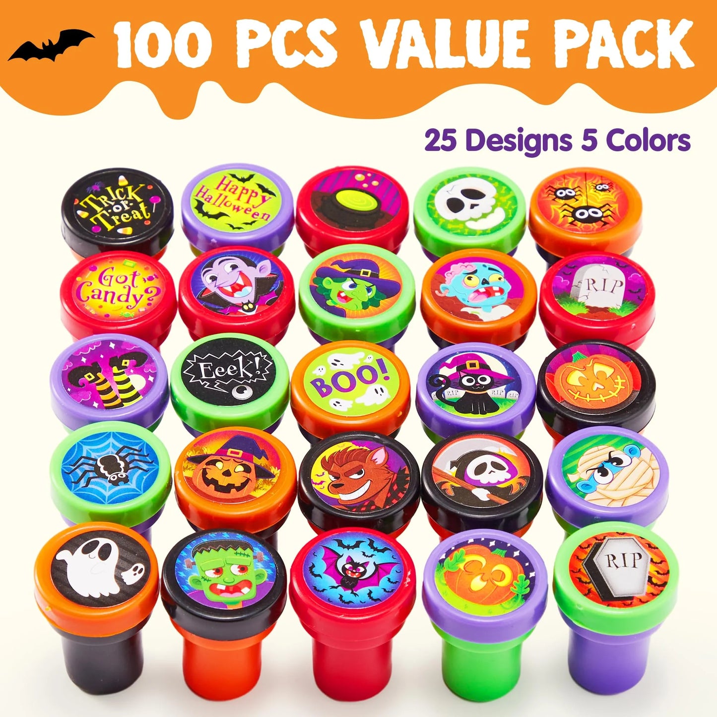 100 Pcs Halloween Assorted Stamps for Kids,Halloween Stampers Halloween Stuff Halloween Goodies Bags Prizes,Halloween Toys for Trick or Treaters Gift,Basket Stuffers