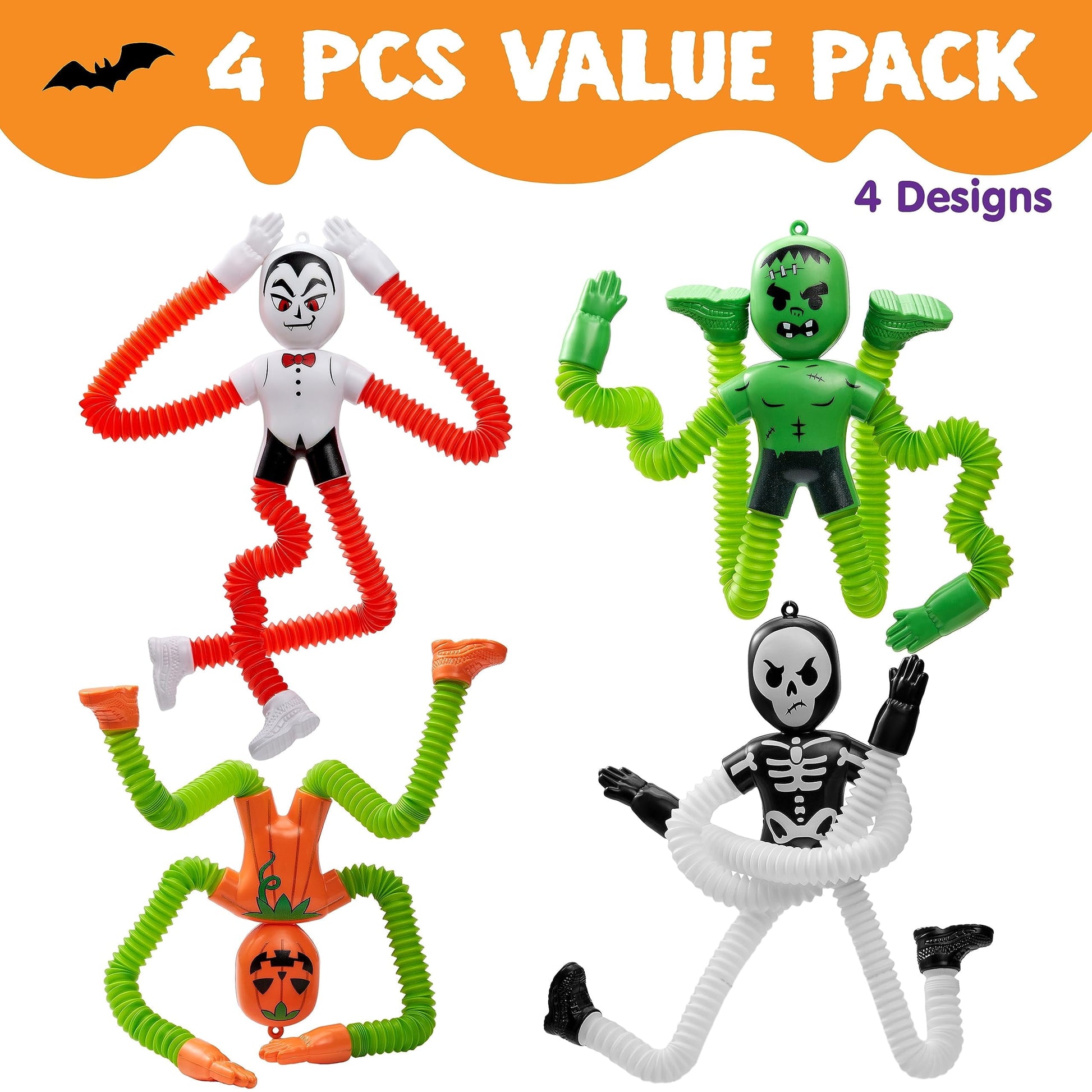 4 Pcs Halloween Sensory Stretchy Fidget Toys,Halloween Telescopic Pop Tube Toys Bulk for Party Favors,Halloween Goody Bag Fillers,Halloween Stretchy Toys for Classroom Prizes
