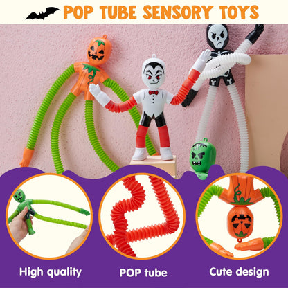 4 Pcs Halloween Sensory Stretchy Fidget Toys,Halloween Telescopic Pop Tube Toys Bulk for Party Favors,Halloween Goody Bag Fillers,Halloween Stretchy Toys for Classroom Prizes