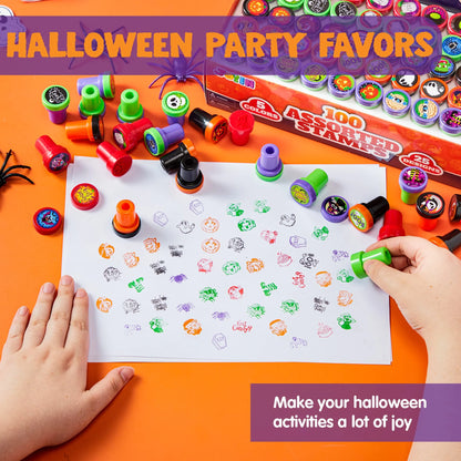 100 Pcs Halloween Assorted Stamps for Kids,Halloween Stampers Halloween Stuff Halloween Goodies Bags Prizes,Halloween Toys for Trick or Treaters Gift,Basket Stuffers