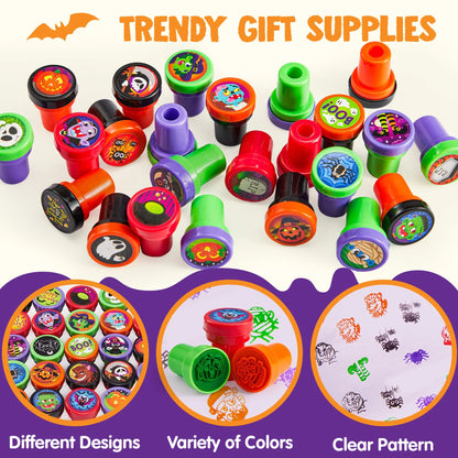 100 Pcs Halloween Assorted Stamps for Kids,Halloween Stampers Halloween Stuff Halloween Goodies Bags Prizes,Halloween Toys for Trick or Treaters Gift,Basket Stuffers