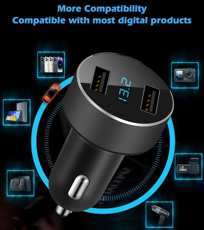2 USB Car Charger,12V/24V Voltage Meter, Output 4.8A, Cigarette Lighter Plug Adapter Compatible with Iphone,Ipad, Samsung, USB Charging Devices, Black