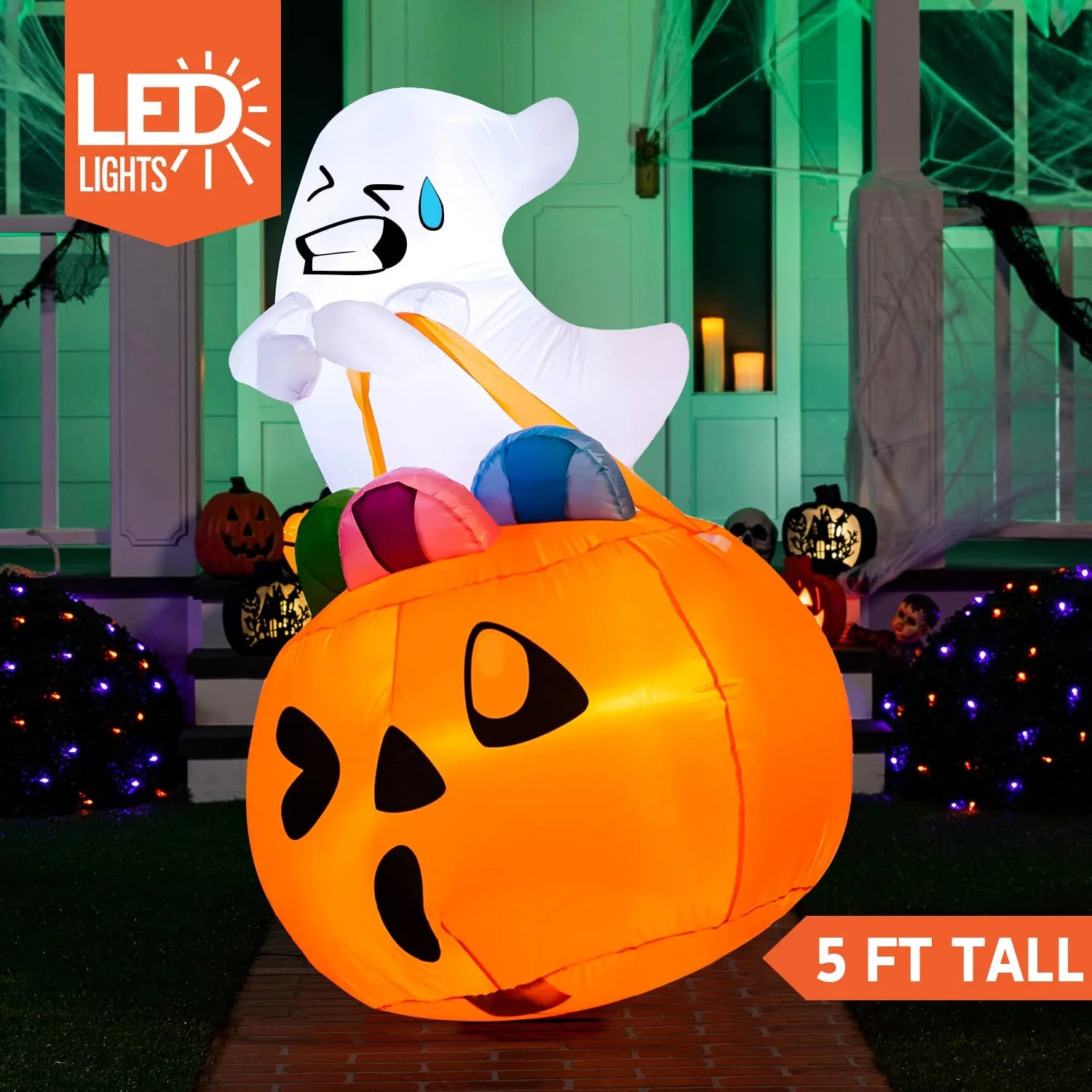 5Ft Halloween Inflatables Light up Cute Ghost Lift Pumpkin,Halloween Inflatables Outdoor Decorations,Blow up Halloween Yard Decorations