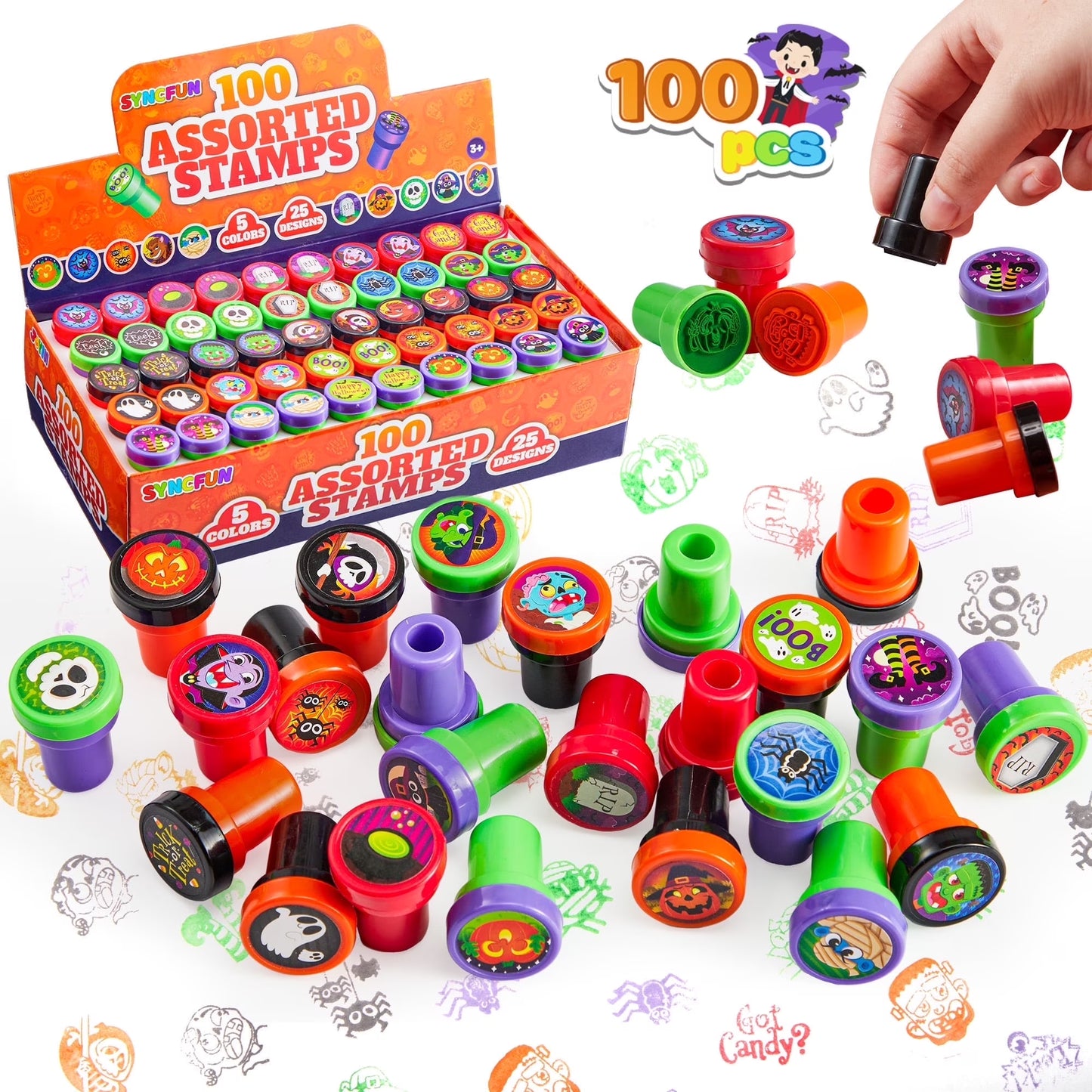 100 Pcs Halloween Assorted Stamps for Kids,Halloween Stampers Halloween Stuff Halloween Goodies Bags Prizes,Halloween Toys for Trick or Treaters Gift,Basket Stuffers