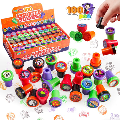 100 Pcs Halloween Assorted Stamps for Kids,Halloween Stampers Halloween Stuff Halloween Goodies Bags Prizes,Halloween Toys for Trick or Treaters Gift,Basket Stuffers
