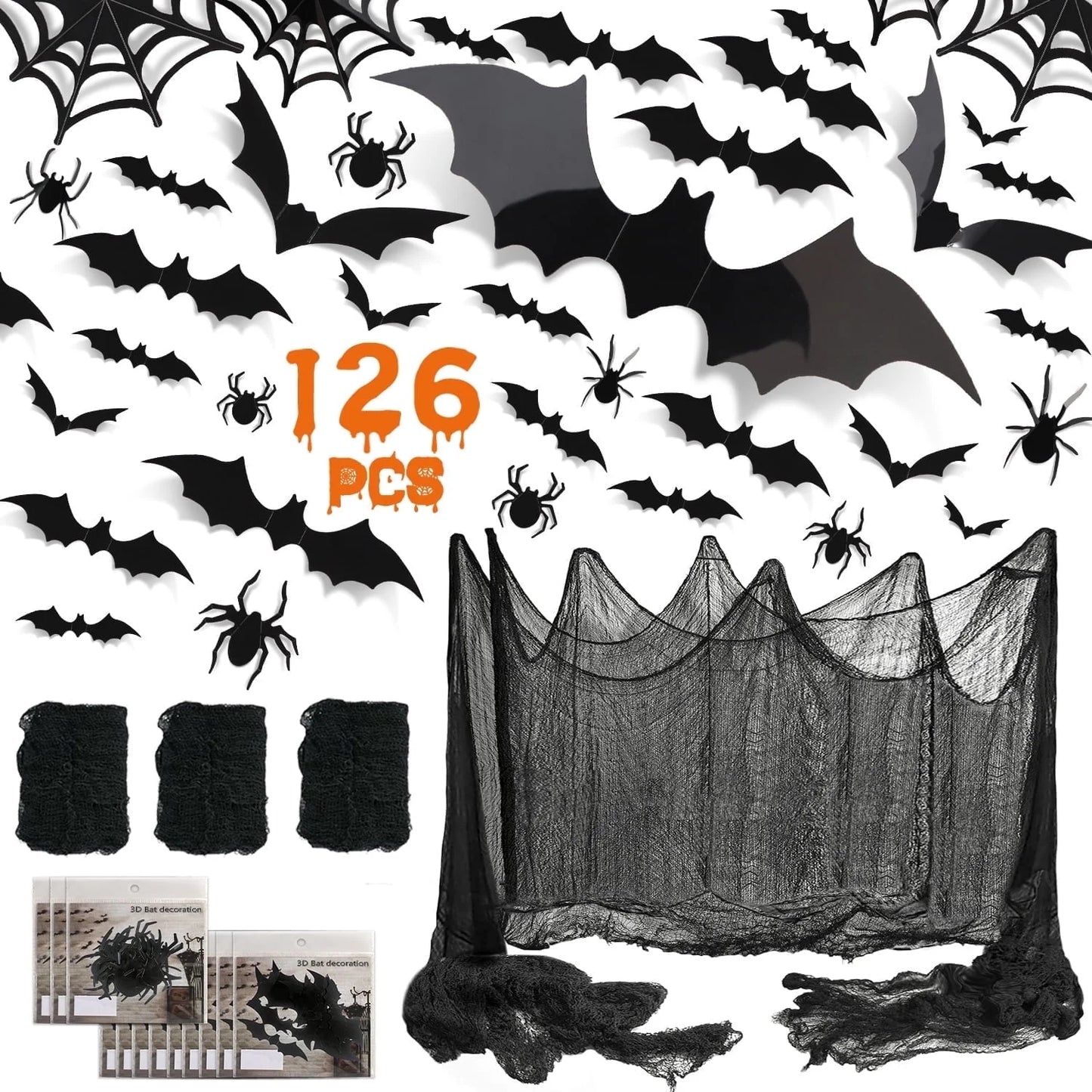 126Pcs Halloween Bat Stickers for Halloween Wall Decor and Window Clings, 3D Spider and Bat Decals for Indoor Halloween Decor