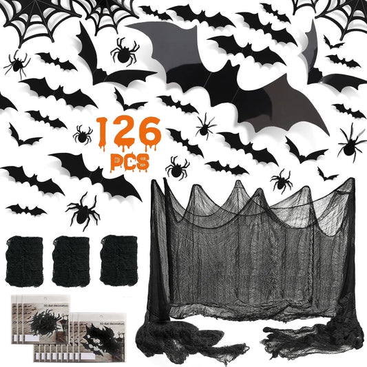 126Pcs Halloween Bat Stickers for Halloween Wall Decor and Window Clings, 3D Spider and Bat Decals for Indoor Halloween Decor