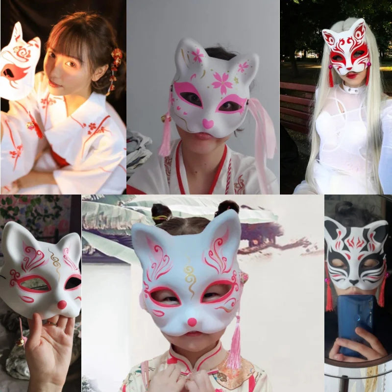 Máscara de Zorro de Anime, Cosplay Japonés, Pintada a Mano, Estilo Cartoon, Medio Rostro, Inspirada en Demon Slayer, Máscara de Gato para Mascarada, Fiesta y Halloween 2025