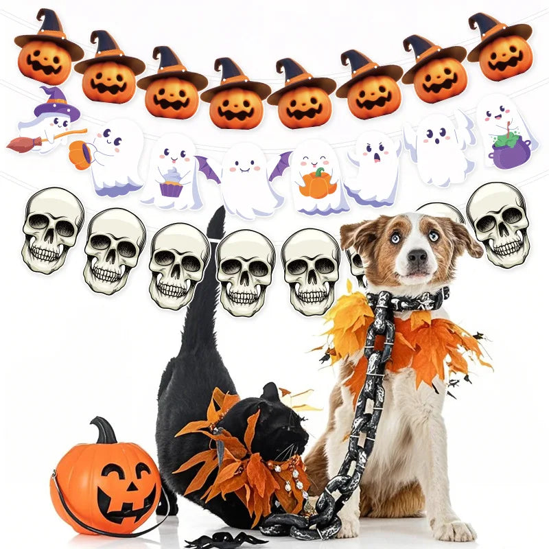 Banner Feliz Halloween 2025
, Guirnalda de Calabazas, Fantasmas y Calaveras, Banderines de Terror para Decoración del Hogar o Casa Embrujada, Adornos Colgantes de Halloween