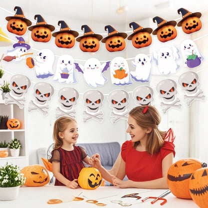 Banner Feliz Halloween 2025
, Guirnalda de Calabazas, Fantasmas y Calaveras, Banderines de Terror para Decoración del Hogar o Casa Embrujada, Adornos Colgantes de Halloween
