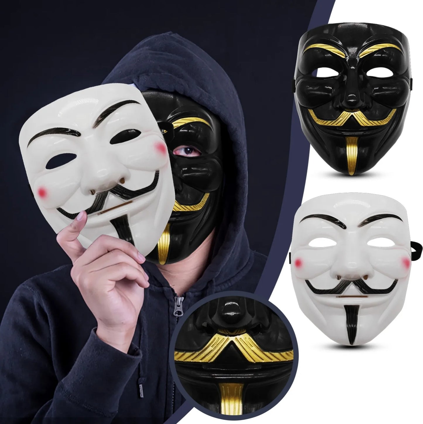 1 Pieza Máscara de Cara de Halloween Negra y Blanca “V de Vendetta”, Máscara de Hackers para Cosplay, Fiesta de Halloween, Máscaras DIY, Anime, Accesorio de Cabeza Anónimo