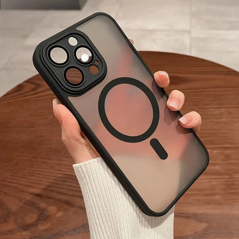 Protector de Lente de Lujo Magnético, Funda Translúcida Mate para iPhone 11, 12, 13, 14, 15, 16, 17 Pro Max, Compatible con Cargador Inalámbrico MagSafe