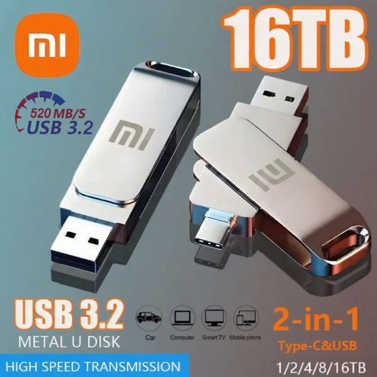 Memoria USB Xiaomi 16TB – Unidad Flash USB 3.2 de Alta Velocidad, Resistente al Agua, Conector Dual Type-C y USB, Compatible con Ordenadores y Dispositivos OTG (8TB / 16TB) 💾