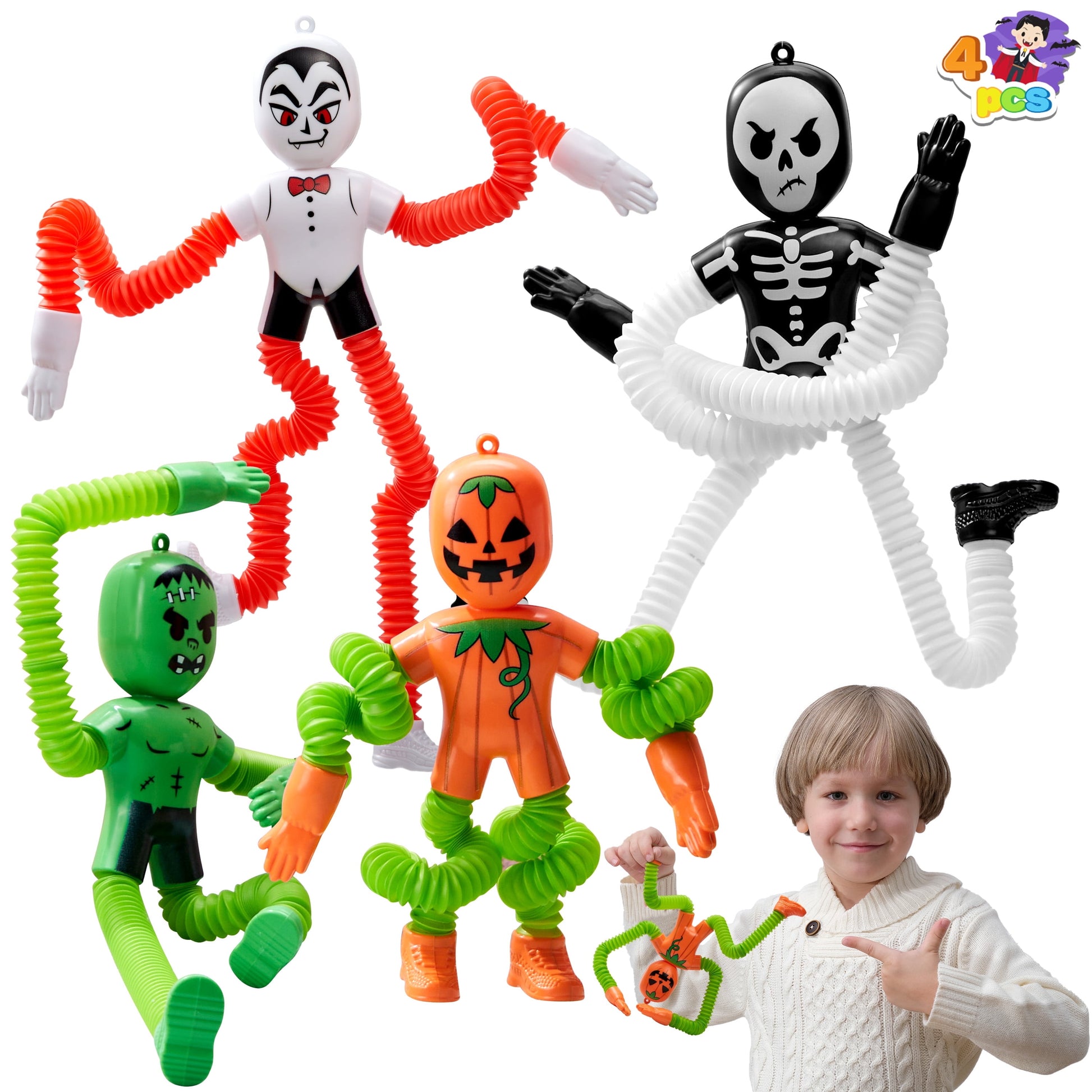 4 Pcs Halloween Sensory Stretchy Fidget Toys,Halloween Telescopic Pop Tube Toys Bulk for Party Favors,Halloween Goody Bag Fillers,Halloween Stretchy Toys for Classroom Prizes