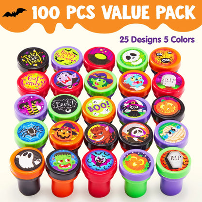 100 Pcs Halloween Assorted Stamps for Kids,Halloween Stampers Halloween Stuff Halloween Goodies Bags Prizes,Halloween Toys for Trick or Treaters Gift,Basket Stuffers