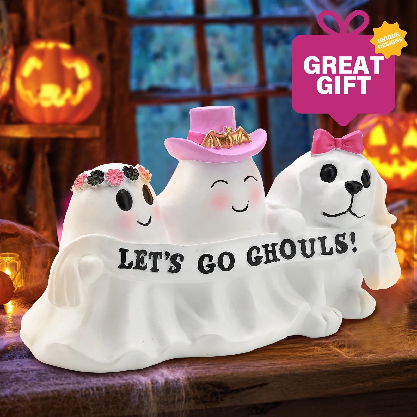 Halloween Ghost Decor, Resin Tabletop Halloween Indoor Decor, Pink Ghost Halloween Decor for Halloween Gift