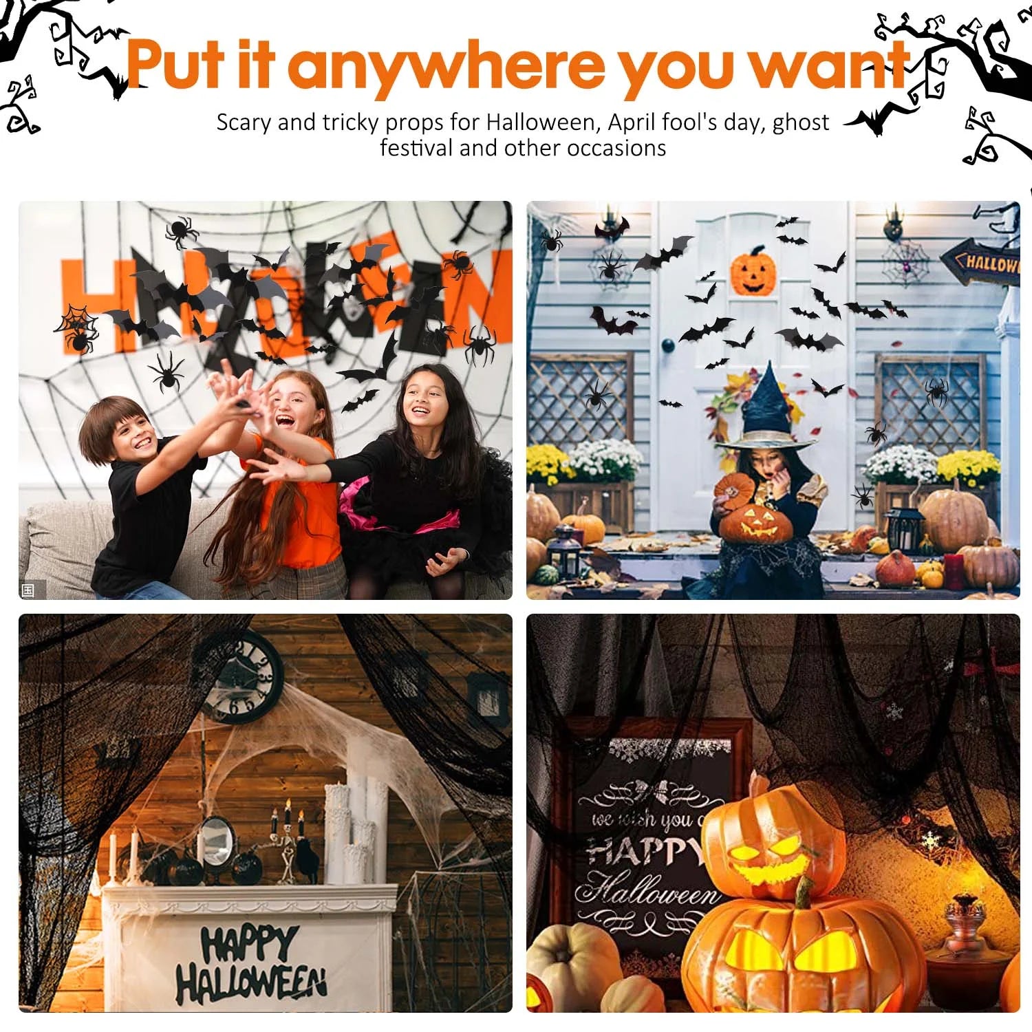 126Pcs Halloween Bat Stickers for Halloween Wall Decor and Window Clings, 3D Spider and Bat Decals for Indoor Halloween Decor